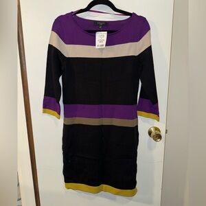 Nine West Purple, Black, Tan, & Mustard Color-Block Striped Knit Shift Dress S